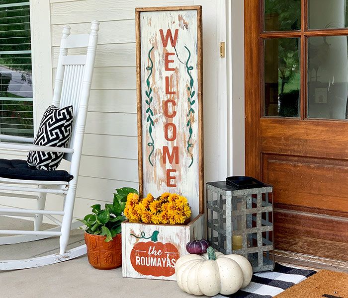 Welcome Family Pumpkin Planter 14x50 Framed