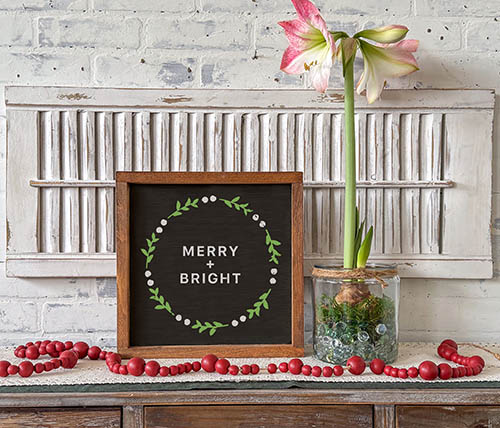 Merry + Bright Wreath 14x14 Framed Sign